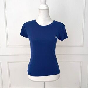LOFT Navy Blue Ribbed Short Sleeve T Shirt Anchor Logo Women's Size S